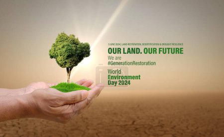 Foto de Día Mundial del Medio Ambiente Concepto 2024 - Restauración de la tierra, desertificación y resiliencia a la sequía, fondo de árboles 3d. Concepto de ecología. Somos # GenerationRestoration - Imagen libre de derechos
