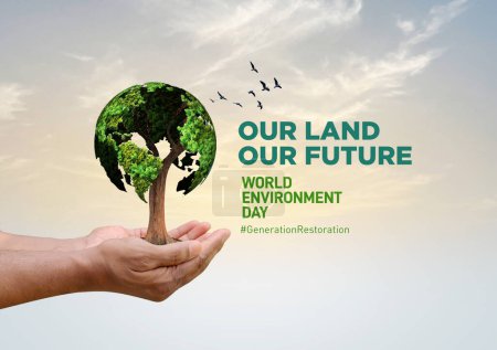 Día Mundial del Medio Ambiente Concepto 2024 - Restauración de la tierra, desertificación y resiliencia a la sequía, fondo de árboles 3d. Concepto de ecología. Somos # GenerationRestoration