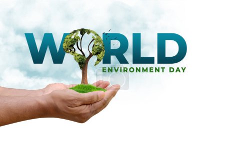 Foto de Día Mundial del Medio Ambiente Concepto 2024 - Restauración de la tierra, desertificación y resiliencia a la sequía, fondo de árboles 3d. Concepto de ecología. Somos # GenerationRestoration - Imagen libre de derechos