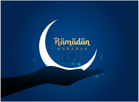 Foto de Golden Ramadan Mubarak Font With Ramadan moon in dark blue sky Background. - Imagen libre de derechos