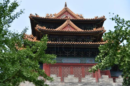 Photo for Exterior view of a beautiful pagoda building framed by green leafy trees and a blue sky above - Royalty Free Image