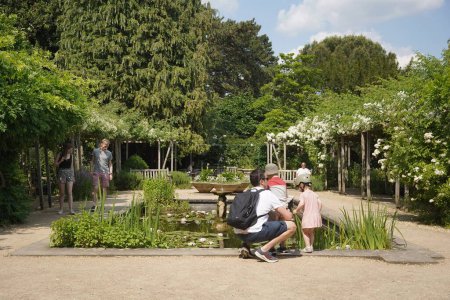 Téléchargez les photos : Vue panoramique d'un cadran solaire dans un magnifique jardin paysager de style anglais avec des plantes à feuilles vertes, des fleurs colorées et un étang avec un élément d'eau - en image libre de droit