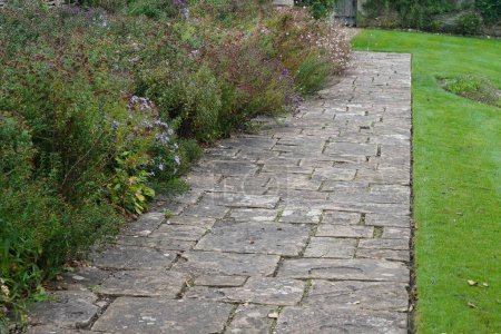 Téléchargez les photos : Vue panoramique estivale d'un sentier pavé de pierre à travers un beau jardin paysager de style anglais avec des fleurs en fleurs et des plantes verdoyantes - en image libre de droit