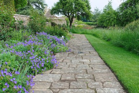 Téléchargez les photos : Vue panoramique estivale d'un sentier pavé de pierre à travers un joli jardin de style anglais avec des fleurs colorées en fleurs et des plantes verdoyantes - en image libre de droit