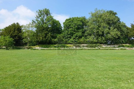 Photo for Scenic view of an attractive English style spacious landscape garden with a fresh grass mowed lawn - Royalty Free Image