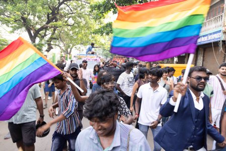 Photo for Chennai, Tamilnadu India - June 25 2023 : Rear view of Group of people with pride rainbow flag and banners in the pride parade. - Royalty Free Image