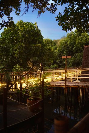 A wooden-bamboo bridge installed on swamp mangrove forest with warm LED lights along the edge in the afternoon.