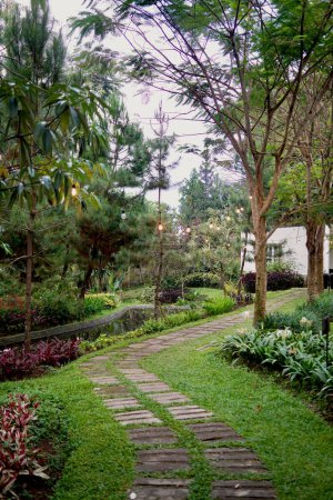 A stone path winds through a lush garden,lit by string lights.It leads towards a hidden pond,with a white building nestled among the trees.