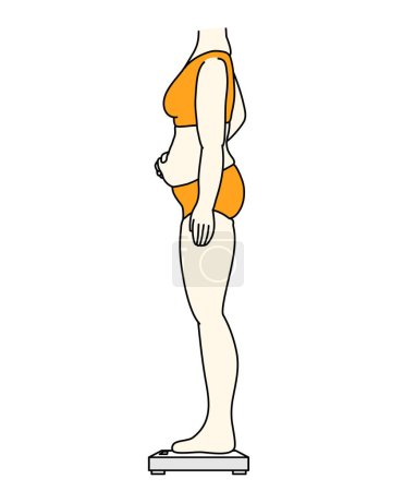 Illustration for Clip art of woman getting on the scale and worrying about her flabby belly - Royalty Free Image