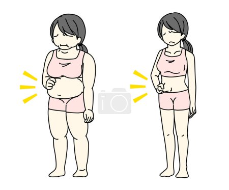 Illustration for Clip art of woman who is picking up floating meat with concern about hidden obesity and flabby belly - Royalty Free Image
