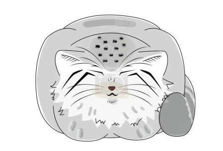 Ilustración de Esta es una ilustración de un gato manul sentado en un barril con las manos dobladas en una posición de sueño relajado. - Imagen libre de derechos