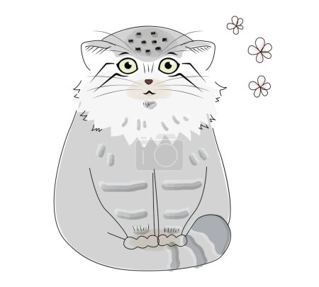 Illustration for This is a happy manul cat stepping on its warm fat tail to keep warm. - Royalty Free Image