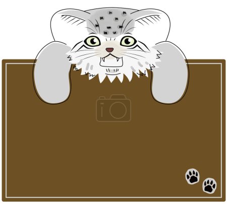 Ilustración de Esta es una ilustración enmarcada de un gato manul bebé mirando por encima de ambas patas en un letrero. - Imagen libre de derechos