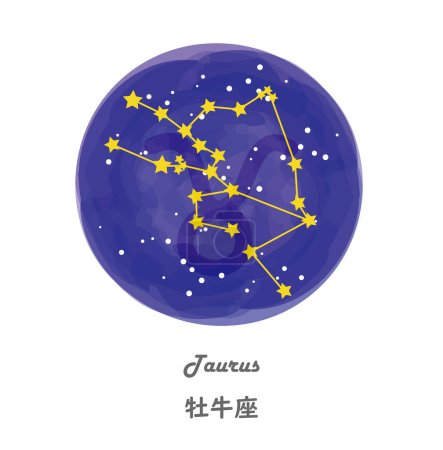 Téléchargez les illustrations : Voici une illustration des lignes de constellation du Taureau tracées contre un ciel étoilé, avec les noms des constellations en anglais et en japonais.. - en licence libre de droit