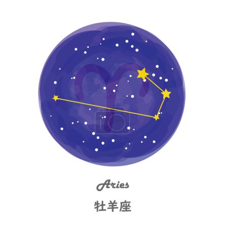 Ilustración de Esta es una ilustración de la constelación de Aries dibujada contra un cielo estrellado con las líneas de la constelación y los nombres de las constelaciones en inglés y japonés. - Imagen libre de derechos