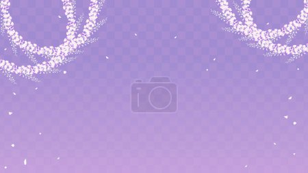 This illustration shows a circle of wisteria flower clusters on a checkerboard purple gradient background.
