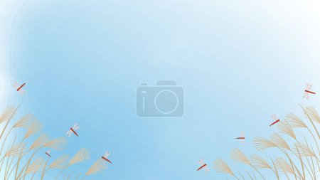 Illustration for This is a watercolor style background illustration frame of clear autumn sky featuring silver grass and red dragonflies. - Royalty Free Image