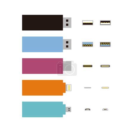 Esta es una ilustración que representa los diferentes tipos de unidades flash USB.