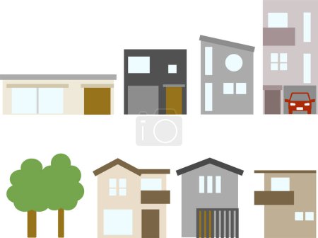 This is a set of frontal illustrations of various houses.