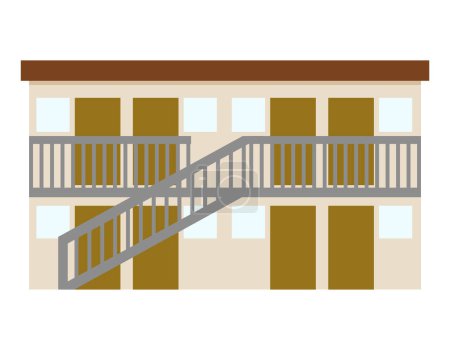 Illustration of the front of an old-fashioned wooden apartment building.