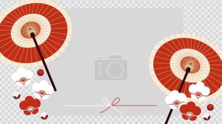 Ilustración de Esta es una ilustración de marco de fondo en el estilo de papel de regalo festivo con un ciruelo regordete y un paraguas japonés. - Imagen libre de derechos