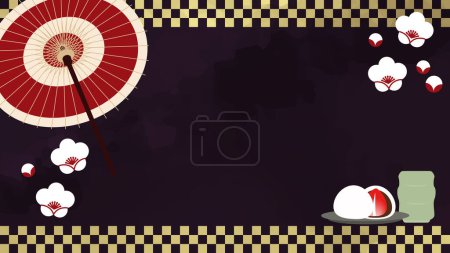 Ilustración de Esta es una ilustración de marco de fondo del paraguas japonés, Daifukumochi y flores de ciruela con un motivo de casa de té. - Imagen libre de derechos