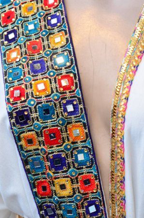 A closeup shot for a beautiful stylish Palestinian woman national dress.