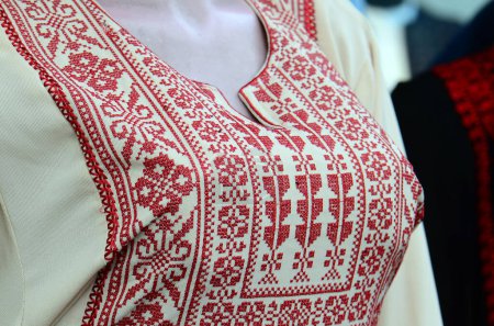 A closeup shot for a beautiful stylish Palestinian woman national dress.