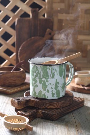 Photo for Hot chocolate with marshmallows in a cup on a wooden table - Royalty Free Image