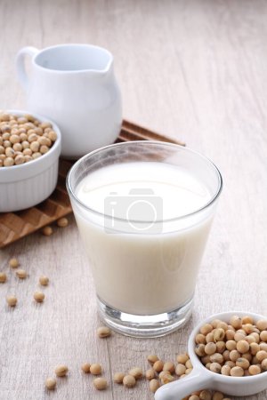 Photo for Soy milk also known as soya milk or soymilk, is a plant-based drink produced by soaking and grinding soybeans, boiling the mixture, and filtering out remaining particulates. It is a stable emulsion of oil, water, and protein. - Royalty Free Image