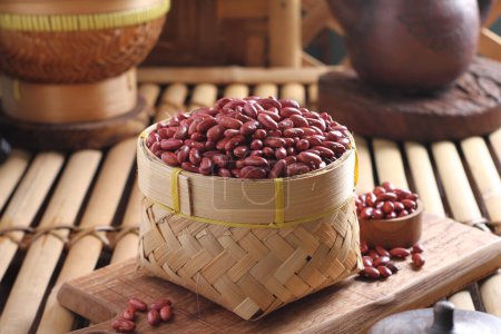 Photo for Red beans in wooden bowl on wood background - Royalty Free Image