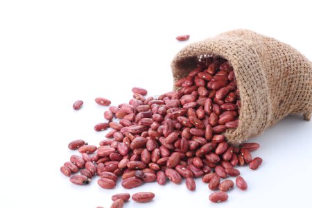 Photo for Red beans in a sack on a white background - Royalty Free Image