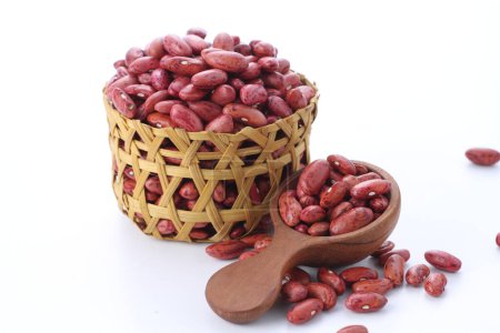Photo for Red beans in wooden bowl on white background - Royalty Free Image