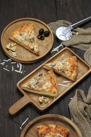 Photo for Homemade pizza with chicken and vegetables on a wooden background - Royalty Free Image