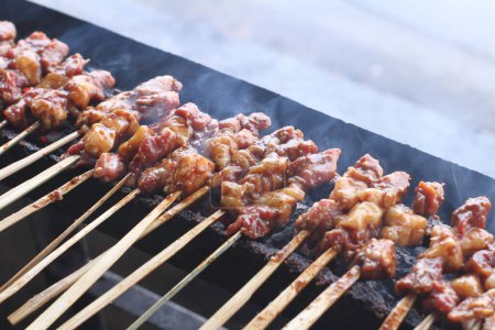 Photo for Grilled meat on skewers on barbecue grill - Royalty Free Image
