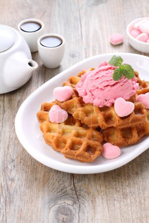 Photo for Delicious waffle with ice cream and chocolate - Royalty Free Image