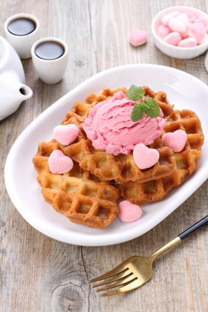 Photo for Delicious homemade waffles with chocolate and raspberry jam - Royalty Free Image