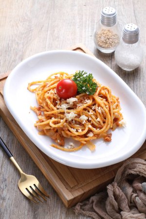 Photo for Spaghetti with tomato sauce and basil - Royalty Free Image