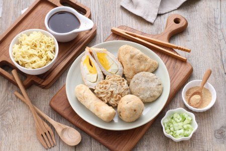 Photo for Asian food. fried dumplings with soy sauce and soy sauce. top view. - Royalty Free Image