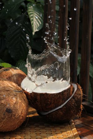 Téléchargez les photos : Lait de coco dans le verre avec noix de coco - en image libre de droit