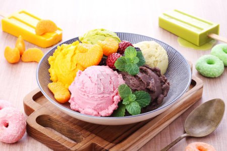 Photo for Ice cream and fruit dessert - Royalty Free Image