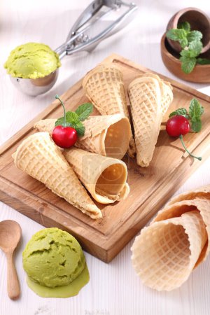 Photo for Ice cream with mint and waffle cone - Royalty Free Image
