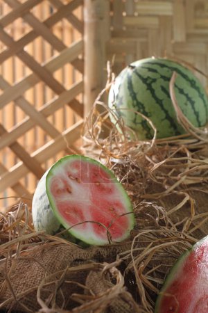 Photo for Watermelon is a vine. This plant is a type of pumpkin, melon and cucumber. Watermelon fruit is usually harvested to be eaten fresh or made into juice. - Royalty Free Image