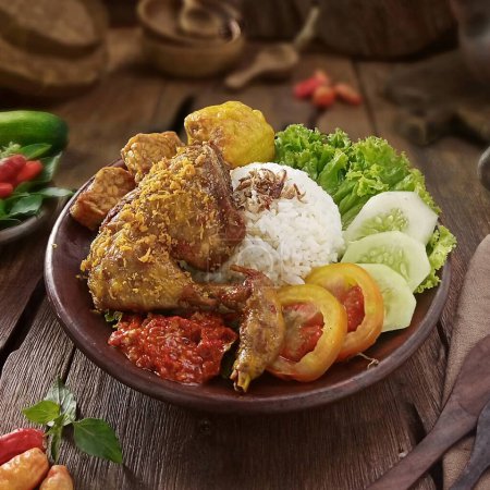 Photo for Chicken curry with rice and chicken on the wooden table - Royalty Free Image