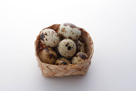 Téléchargez les photos : Oeufs de caille avec un nid sur un fond blanc - en image libre de droit