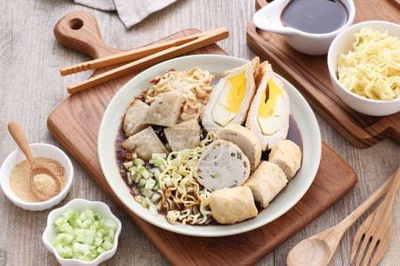 Photo for Noodles with pork and chicken in soup, asian food. - Royalty Free Image