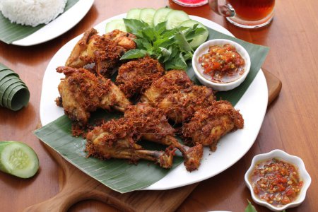 Photo for Fried chicken with rice and vegetable on wooden table - Royalty Free Image