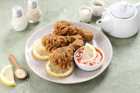Téléchargez les photos : Nuggets de poulet frit au citron, gingembre et sel dans une assiette sur fond blanc - en image libre de droit