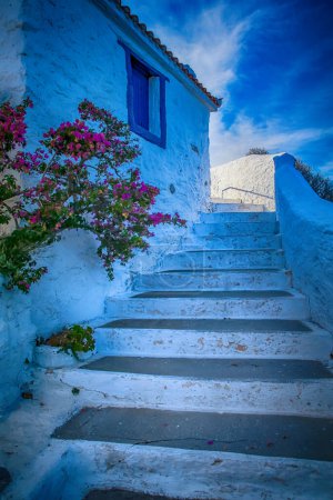 skopelos, greek island, stairs in skopelos at the end of the old building in the mountains