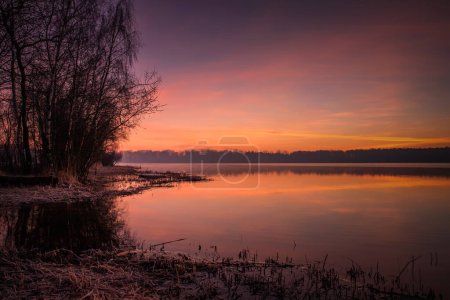 Photo for Dawn over a winter lake. Sunrise. Winter. Winter landscape. A frosty morning. Frozen lake. Winter St. Winter scenery by the lake. Pastel sky. Nature background. - Royalty Free Image